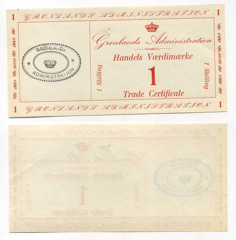 Гренландия 1 скиллинг 1942 торговый сертификат Pick M8 бумага UNC (пресс) 451-258-1