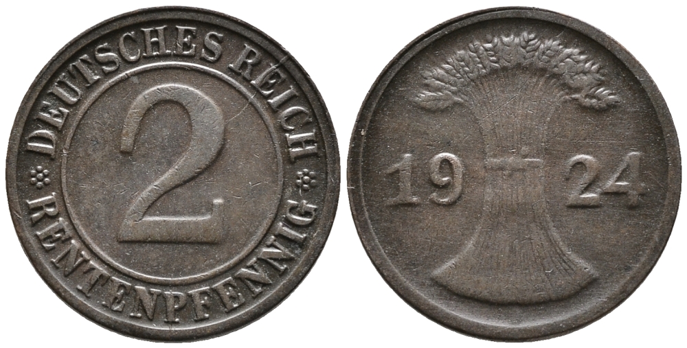 ГЕРМАНИЯ 2 РЕНТЕНПФЕННИГА 1924 A KM 31, J. 307 бронза 24-656