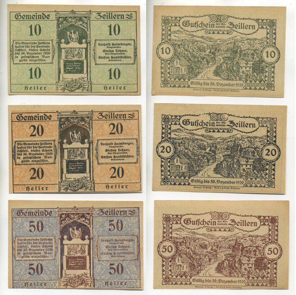 Австрия набор из 3 банкнот 1920 до 30 декабря 1920, нотгельд, 10, 20, 50 геллеров, ZEILLERN   бумага  aUNC  7555-7-3-2