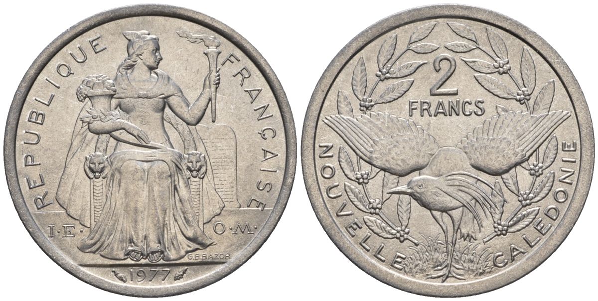 Французская Новая Каледония 2 франка 1977  KM 14 алюминий  UNC  4610-513