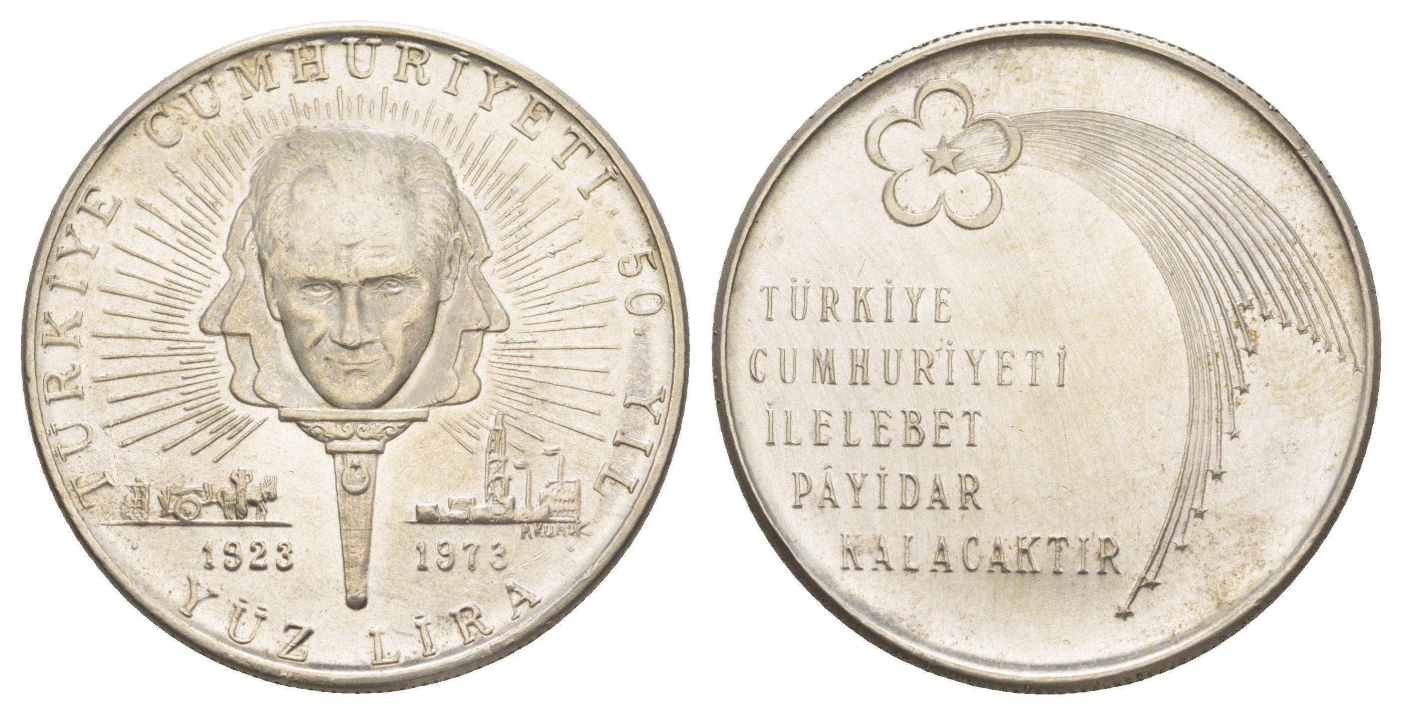 Турция 100 лир 1973 50 лет республике KM 903 серебро BU 603-1444