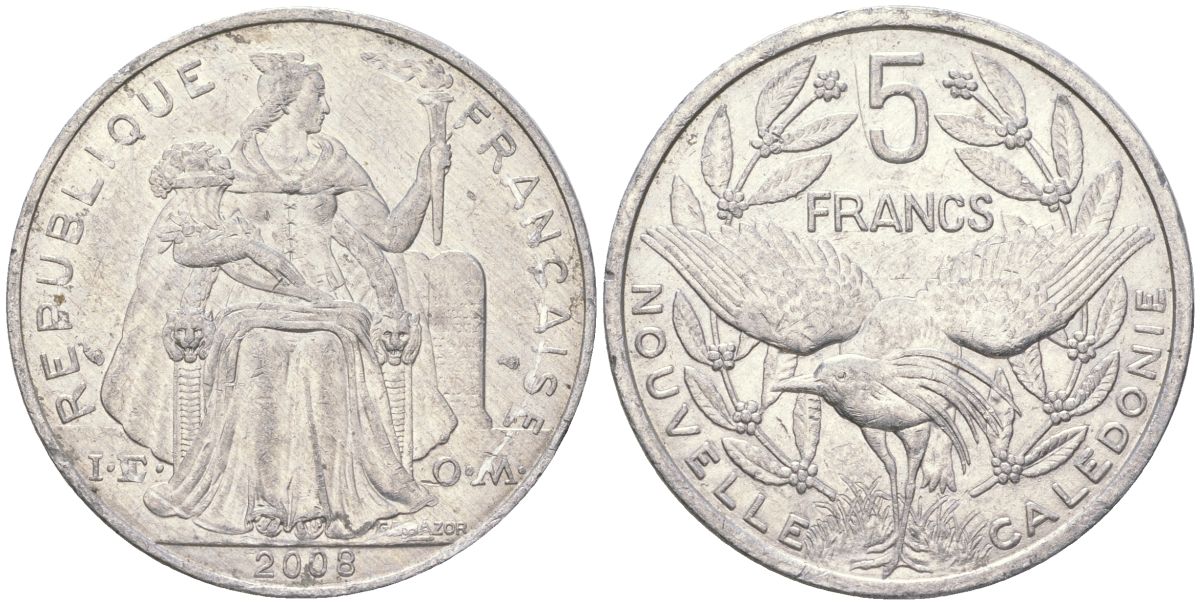 Французская Новая Каледония 5 франков 2008 птица кагу, (IEOM) KM 16, Schoen 12, Lec 81k алюминий 221-532