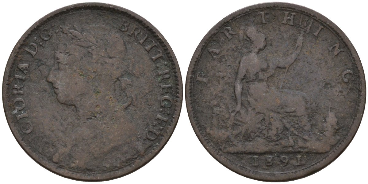 Великобритания 1 фартинг 1891 Виктория (1837-1901) KM 753, Spink 3958 бронза 4596-934