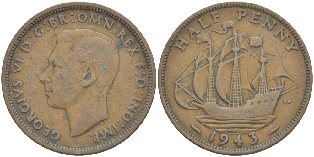 Великобритания 1/2 пенни 1943 Георг VI (1936-1952) KM 844, Spink 4115 бронза 34-345