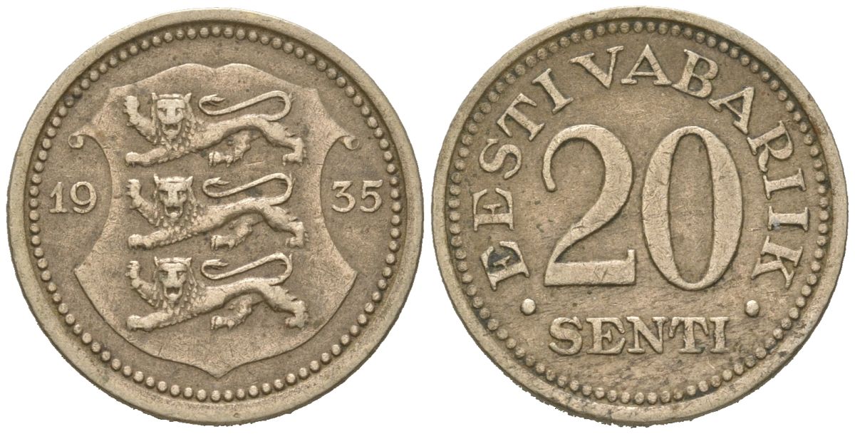 Эстония 20 центов 1935 Республика (1918-1941) KM 17 никель бронза 4615-1119