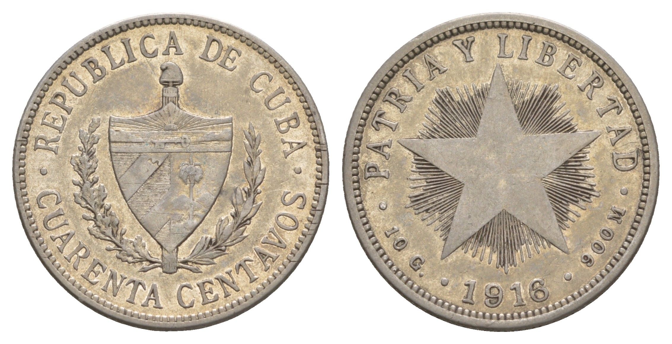 Куба 40 сентаво 1916 редкий год KM 14 серебро 00-822-53