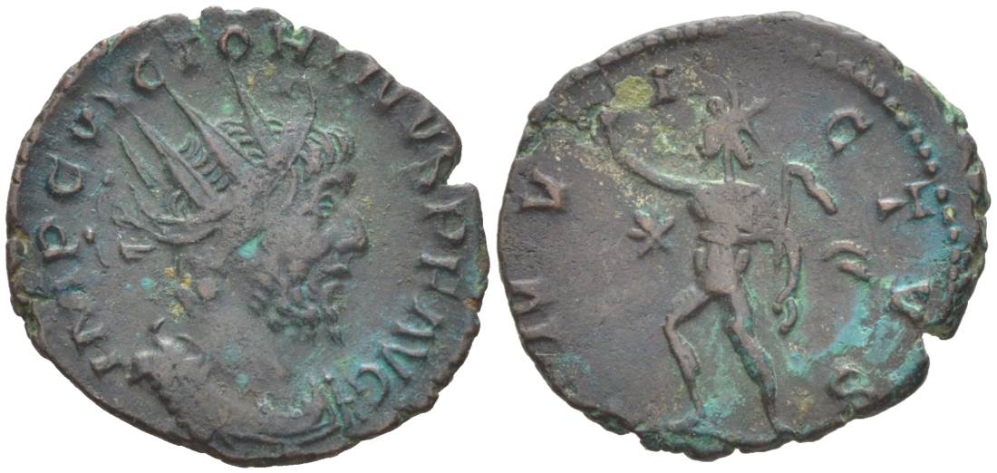 Римская Империя, императоры в Галлии антониниан 269 - 271 Викторин, IMP C VICTORINVS P F AVG, бюст императора / INVICTVS, бог Соль, Колония Агриппины (Кельн) RIC 114 биллон 1073-20-21