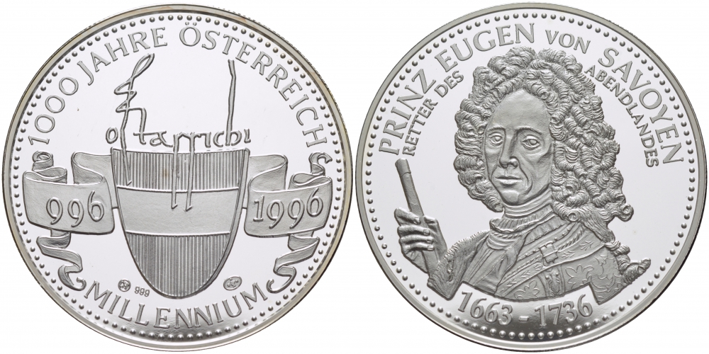 Австрия медаль 1996 МИЛЛЕНИУМ, 1000 ЛЕТ АВСТРИИ (966-1996), ПРИНЦ САВОЙСКИЙ (1663-1736) серебро PROOF 00-00