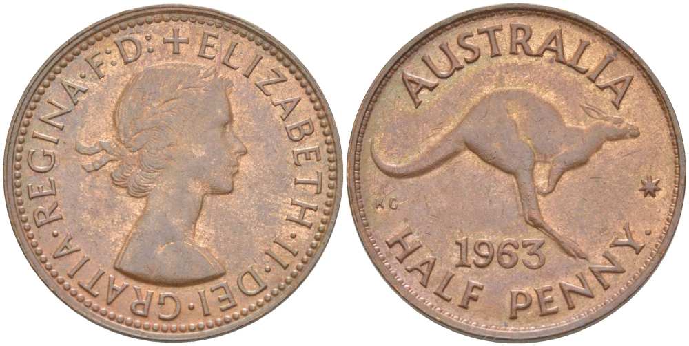 Австралия 1/2 пенни 1963 p, Елизавета II (1952-2022), кенгуру KM 61 бронза 4514-843