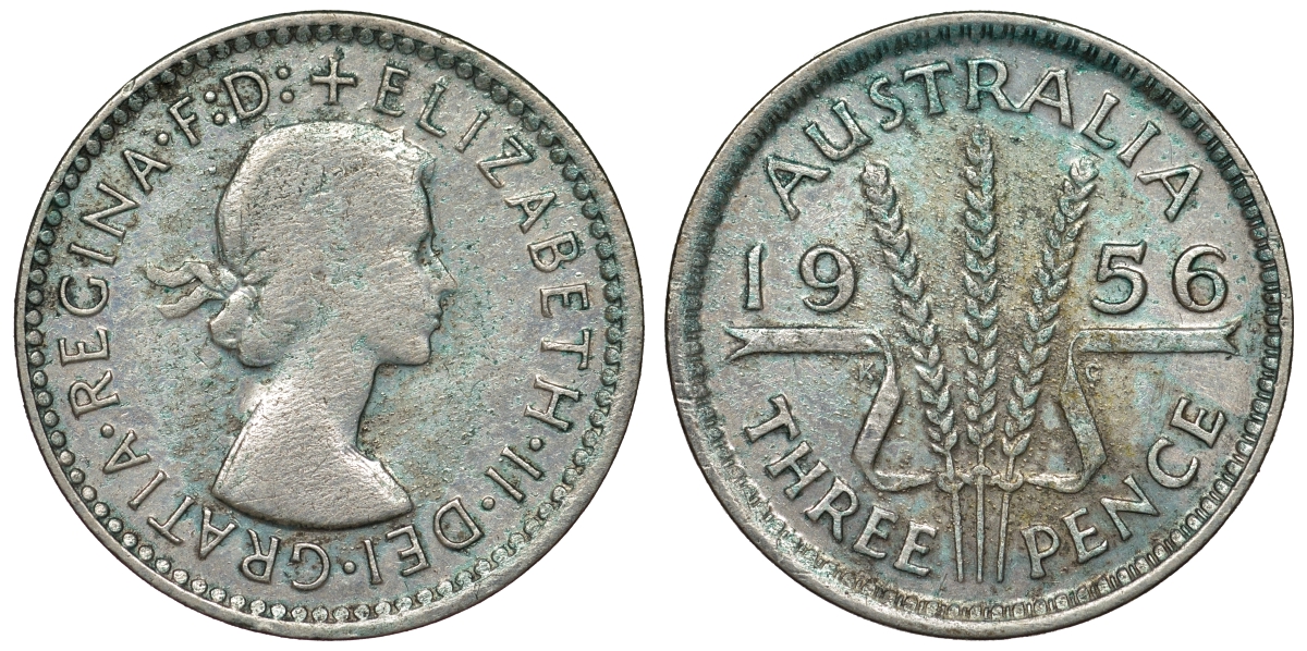 Австралия 3 пенса 1956 m, Елизавета II (1952-2022) KM 57 серебро 71-451