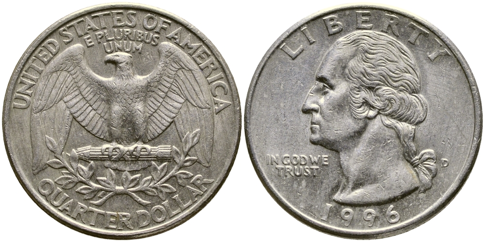 США 25 центов (квотер) 1996 D, Вашингтон KM А164а медь плакированная медно-никелем 259-416