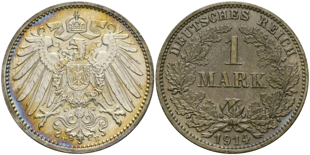 Германия 1 марка 1914 E Weege 18, J. 17, KM 14 серебро aUNC 98-1214