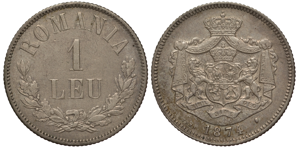 Румыния 1 лей 1874 b, Кароль I как принц (1866-1881) KM 10 серебро aUNC 441-1442