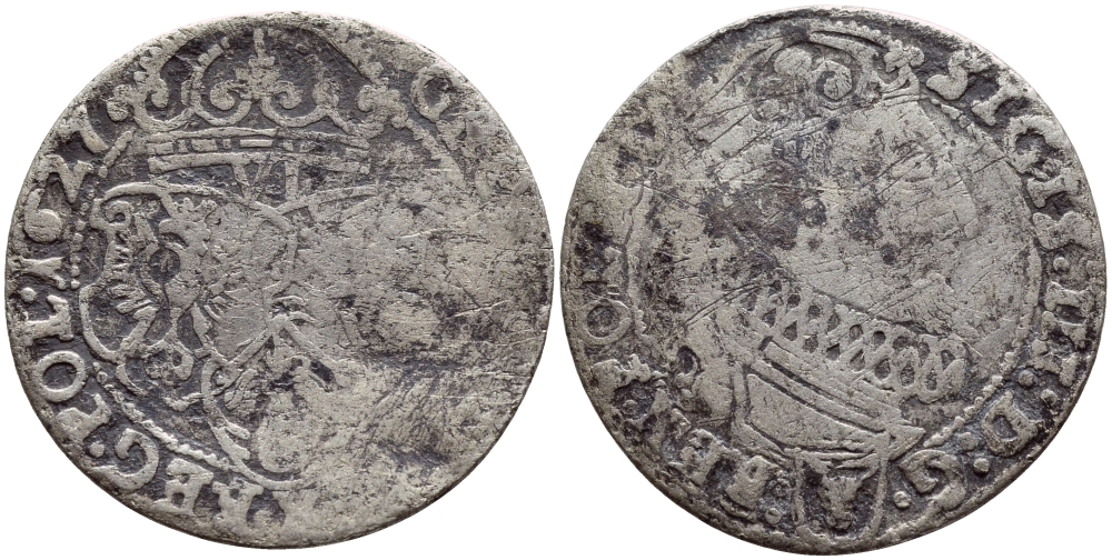 Польша 6 грошей 1627 Сигизмунд III Ваза (1587-1632) KM 42 серебро    1530-513