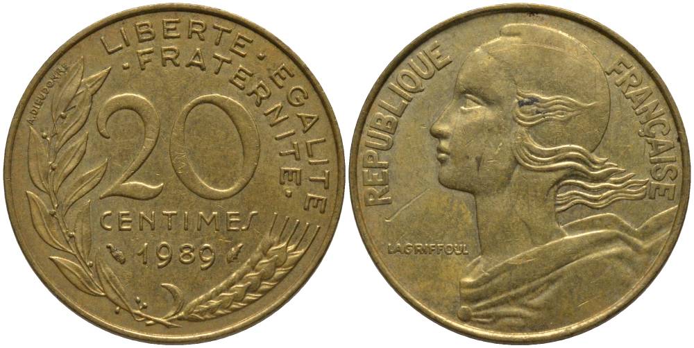 ФРАНЦИЯ 20 САНТИМОВ 1989 ТИП MARIANNE KM 930, LE FRANC 156.29 медь алюминий никель 181-434