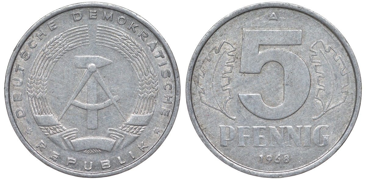 ГДР 5 ПФЕННИГОВ 1968 A KM 9.1 алюминий 62-151