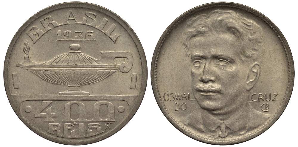 БРАЗИЛИЯ 400 РЕЙС 1936 БРАЗИЛЬСКИЙ МИКРОБИОЛОГ ОСВАЛЬДО КРУС, МАСЛЯНАЯ ЛАМПА KM 539 медно-никель 4517-1244