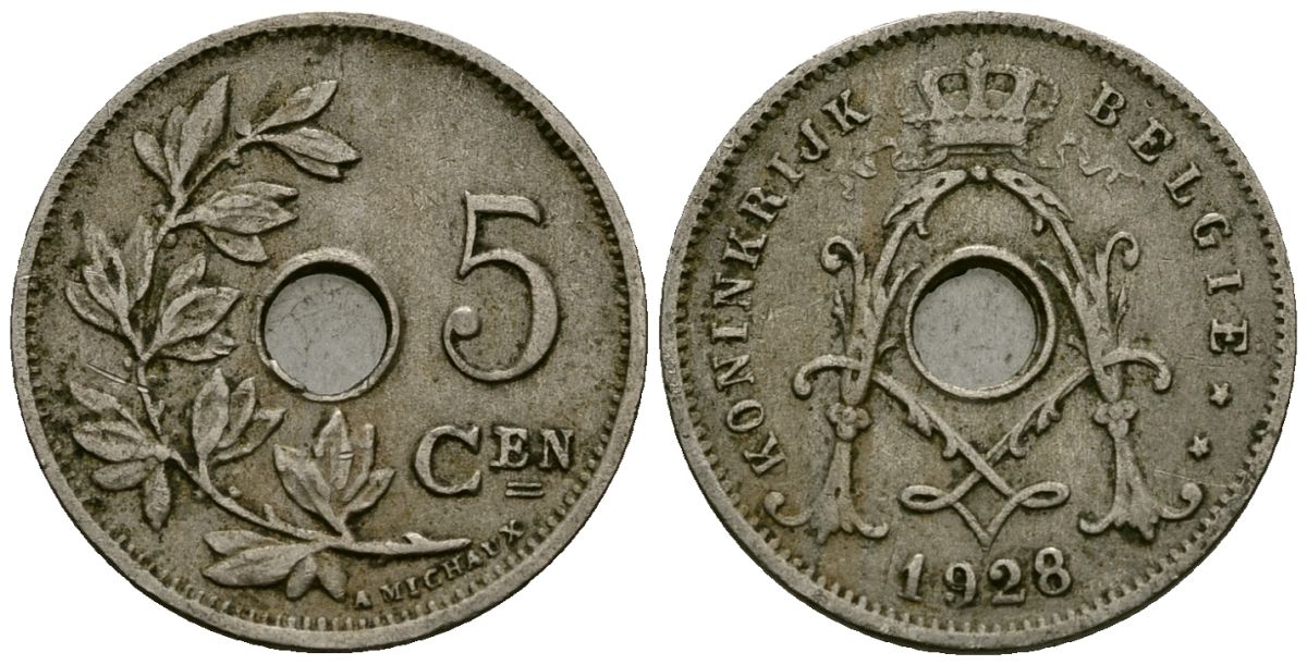 Бельгия 5 сантимов 1928 Belgie KM 67 медно-никель 4173-321