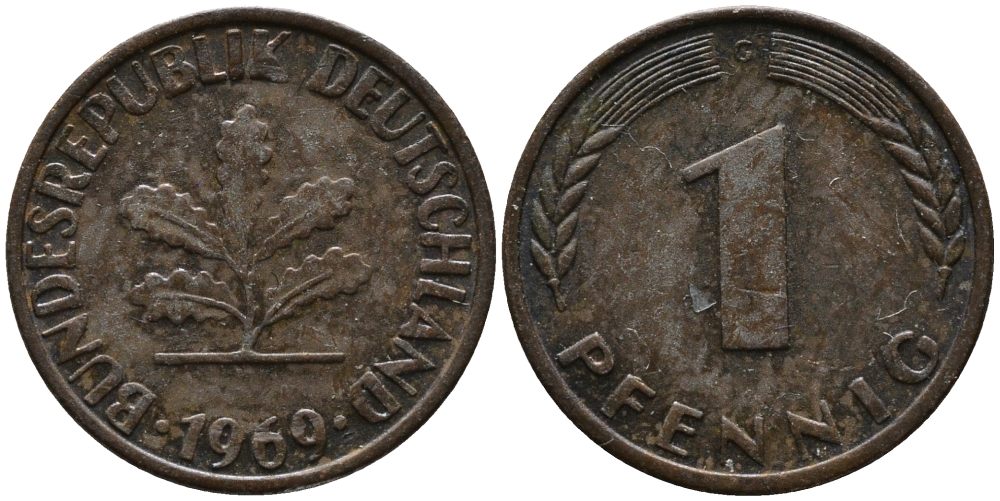 ФРГ 1 пфенниг 1969 G KM 105, J.380 сталь плакированная медью 99-267