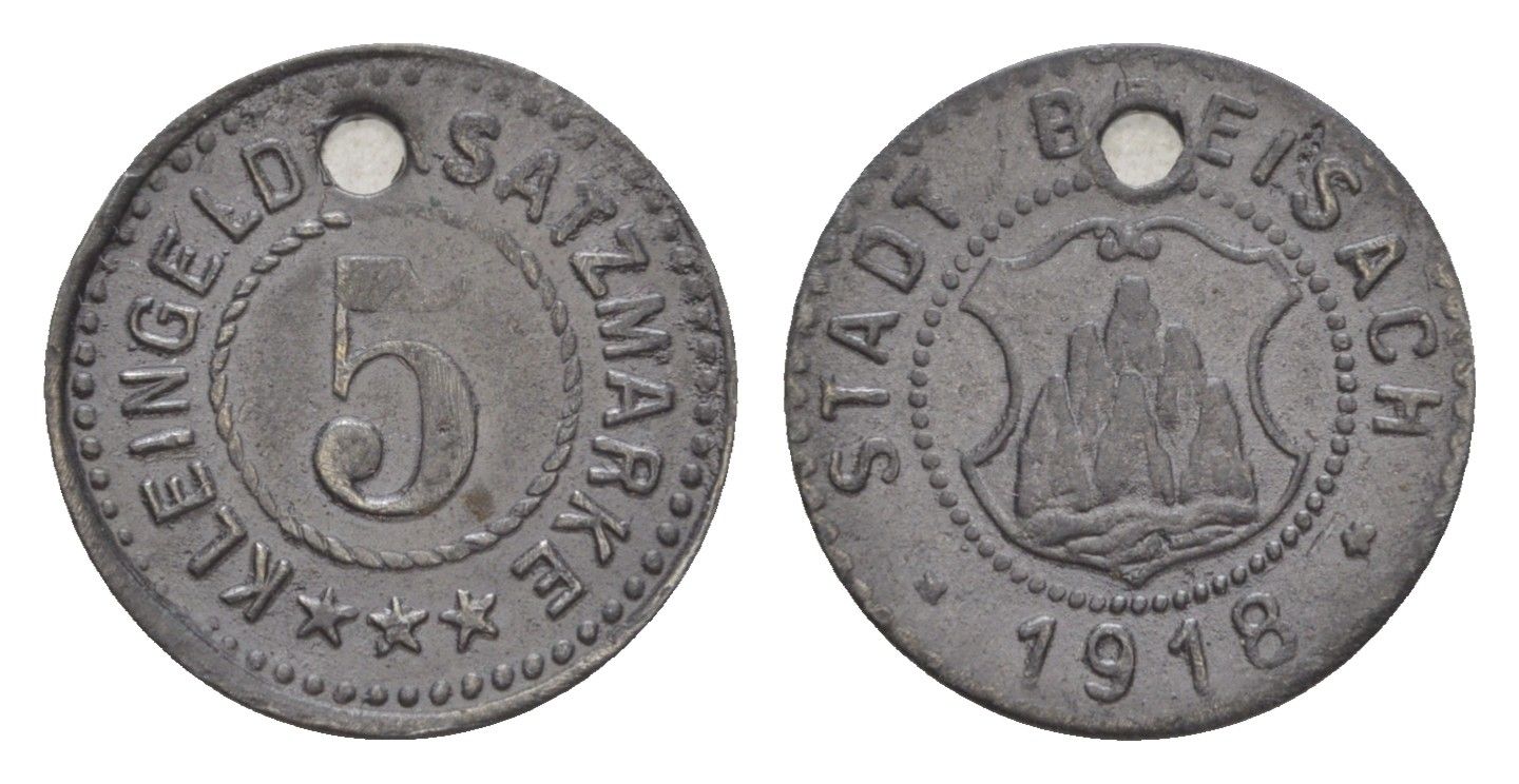 Брайзах 5 пфеннигов 1918 Funck 57.1A, Men05 3515.2, Men18 4458.2 цинк 1528-912