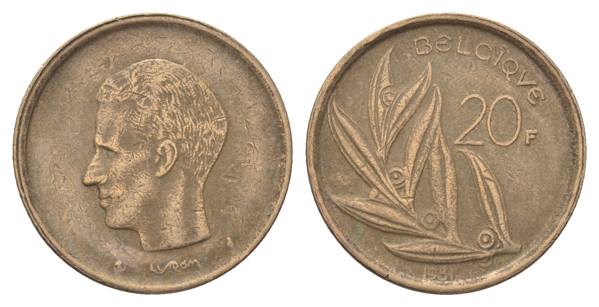 Бельгия 20 франков 1981 Belgique, Бодуэн I (1951-1993) KM 159 никель латунь 4704-1213