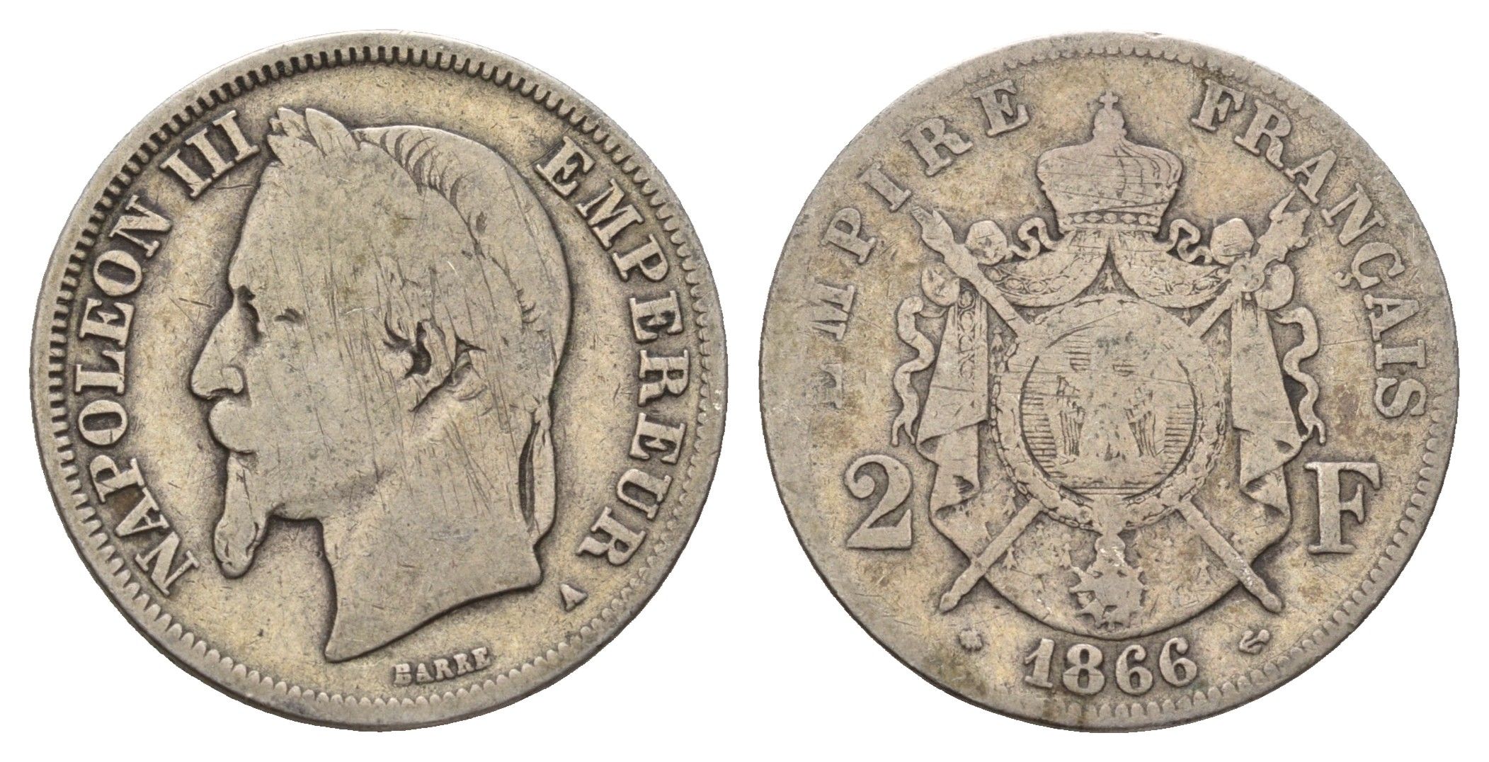 Франция 2 франка 1866 A, Наполеон III (1852-1870) KM 807.1 серебро 5010-1433