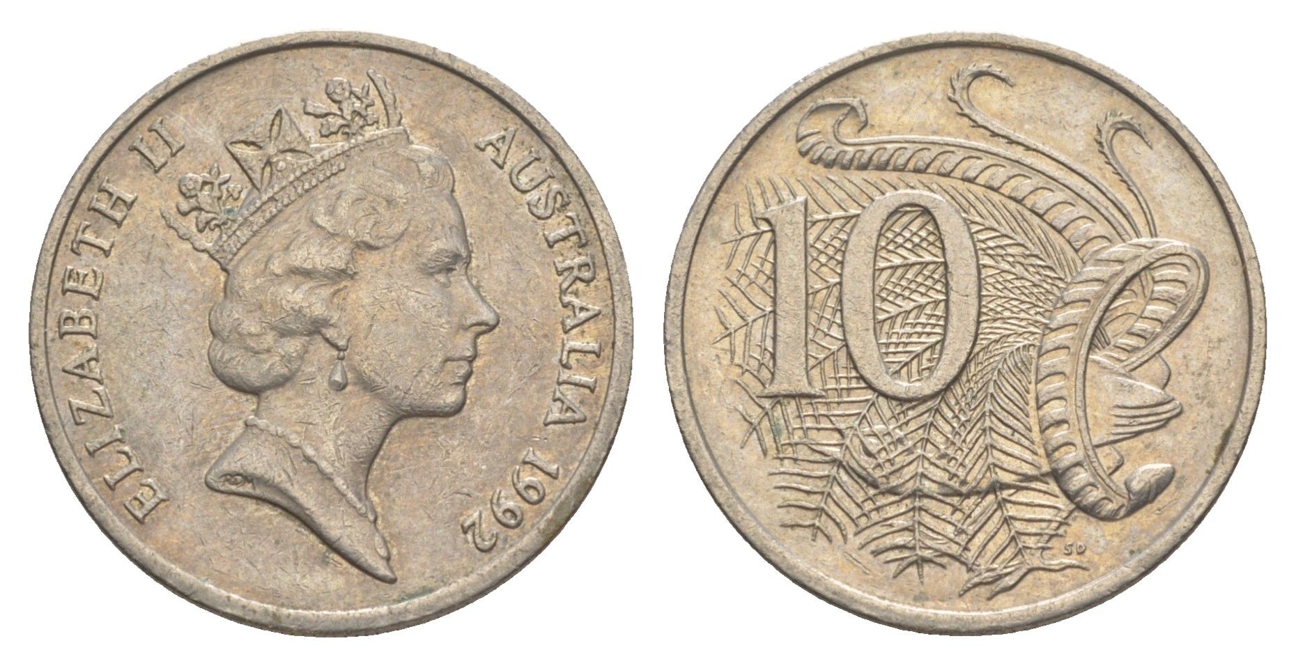 Австралия 10 центов 1992 Елизавета II (1952-2022), птица лирахвост KM 81 медно-никель 4384-216