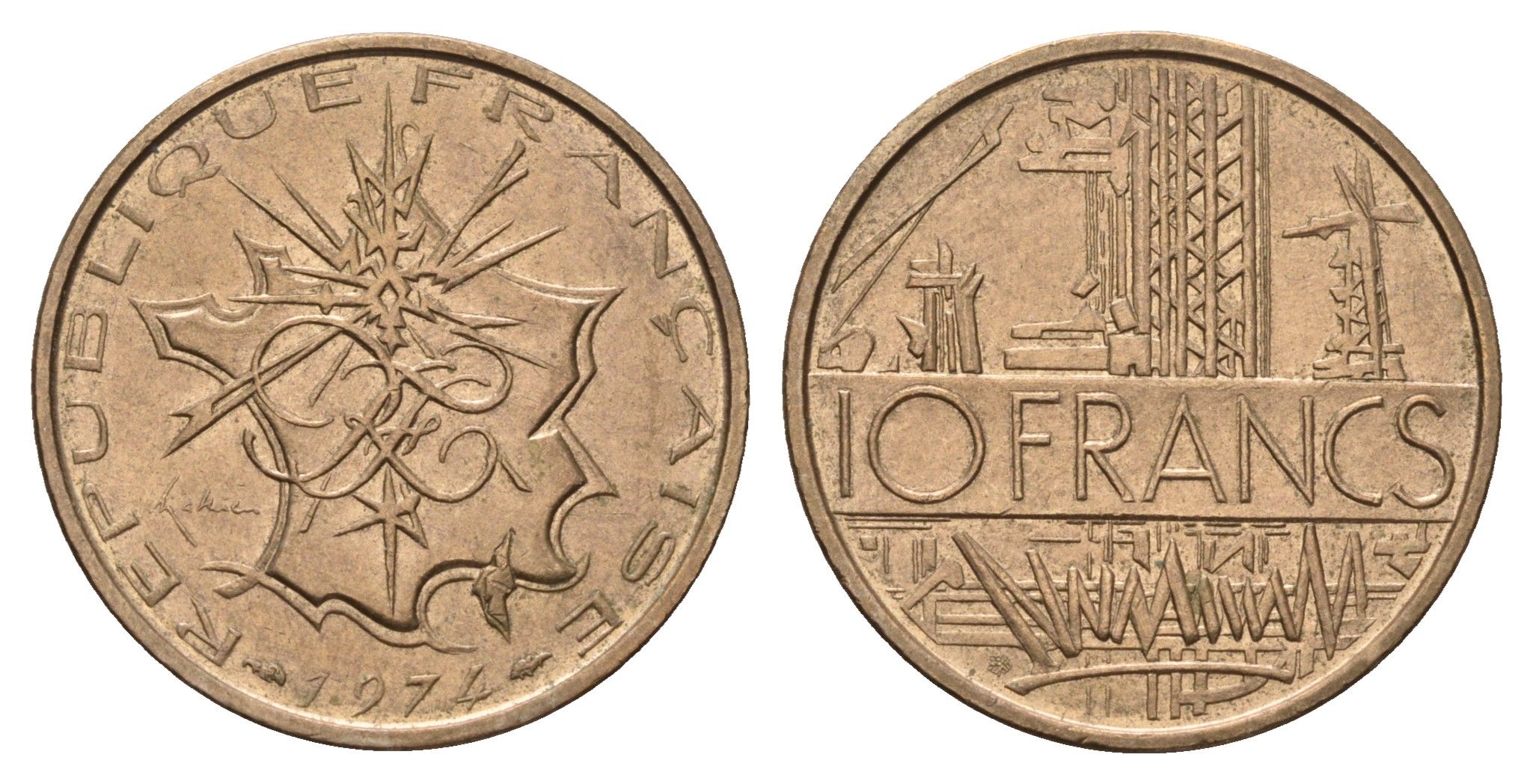 Франция 10 франков 1974 тип Матье KM 940, Le Franc 365.3-4 медь алюминий никель 3459-831