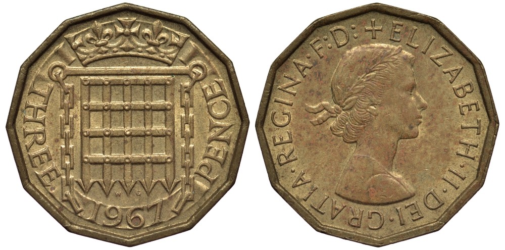 Великобритания 3 пенса 1967 Елизавета II (1952-2022) KM 900, Spink 4153 никель латунь 4538-1144