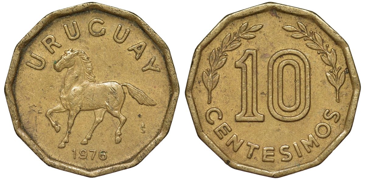 Уругвай 10 сентесимо 1976 KM 66 алюминиевая бронза 4164-752