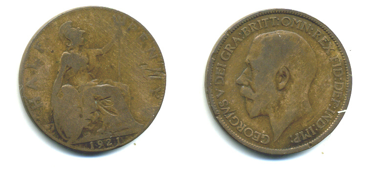 Великобритания 1/2 пенни 1921 Георг V (1910-1936) KM 809, Spink 4056 бронза 4383-953