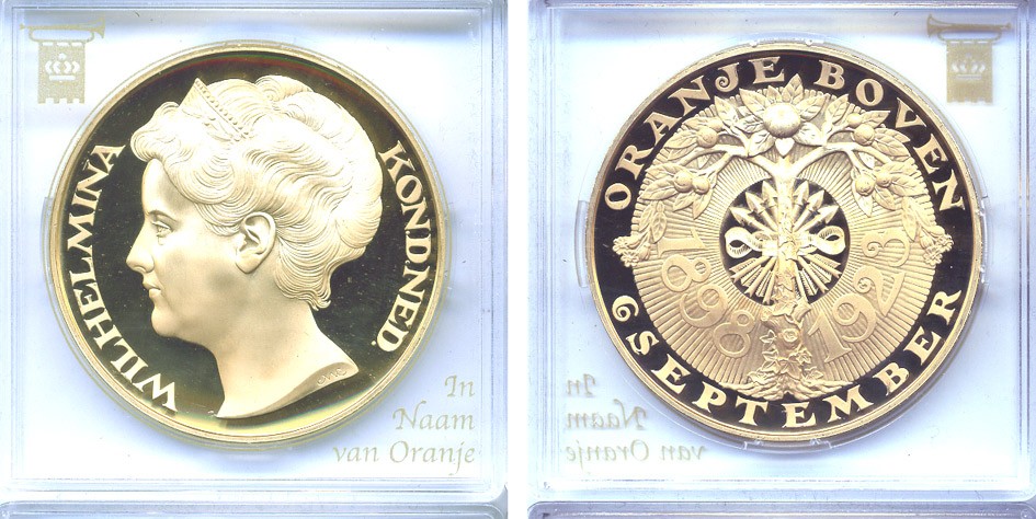 Нидерланды медаль ND КОРОЛЕВА ВИЛЬГЕЛЬМИНА КОРОНОВАНА 6 СЕНТЯБРЯ 1898 бронза, позолота PROOF 5-3-1-65