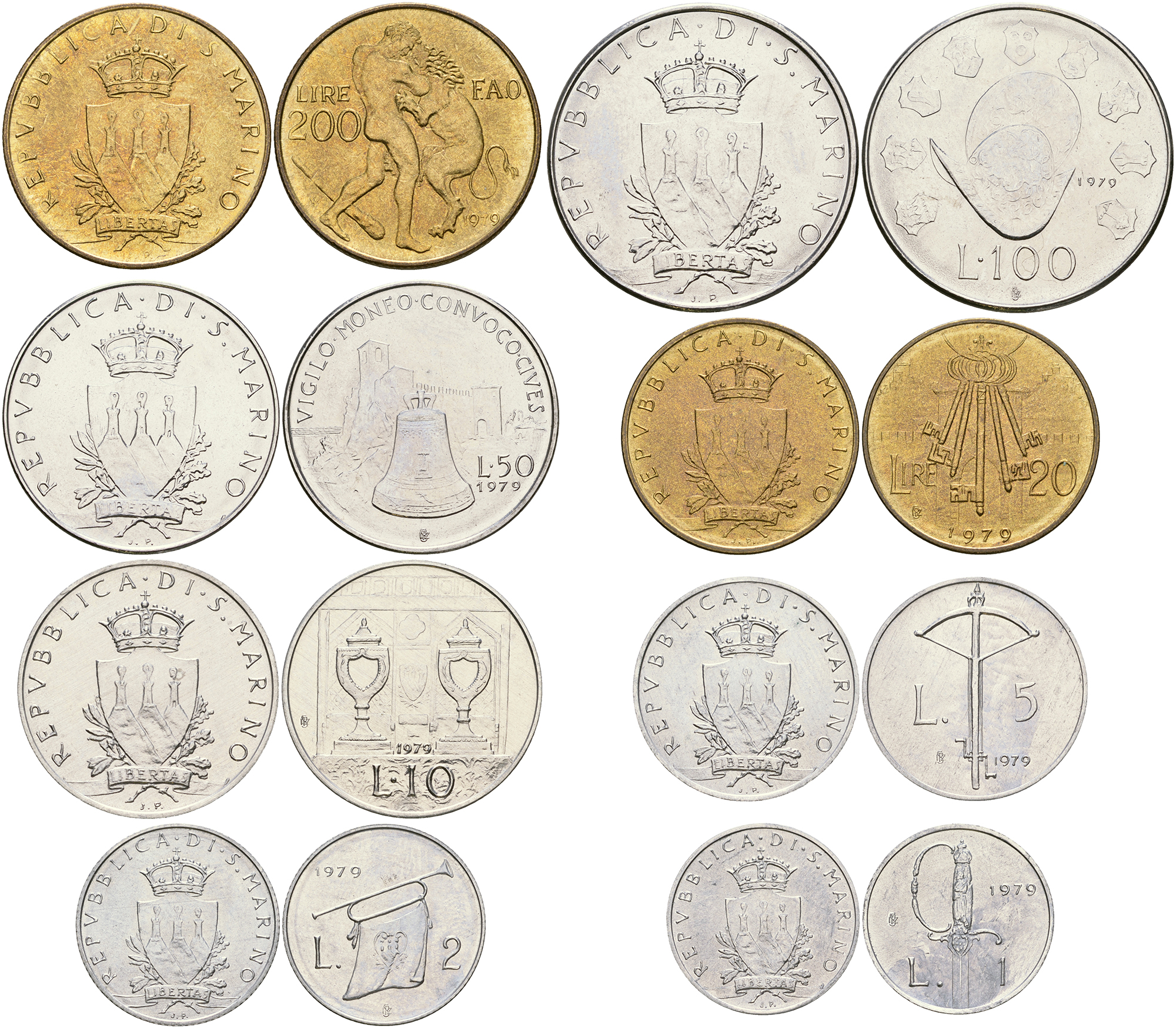 Сан-Марино годовой набор из 7 монет 1979 1, 2, 5, 10, 20, 50, 100 и 200 лир, FAO KM 89-96 UNC 3-6-4-59