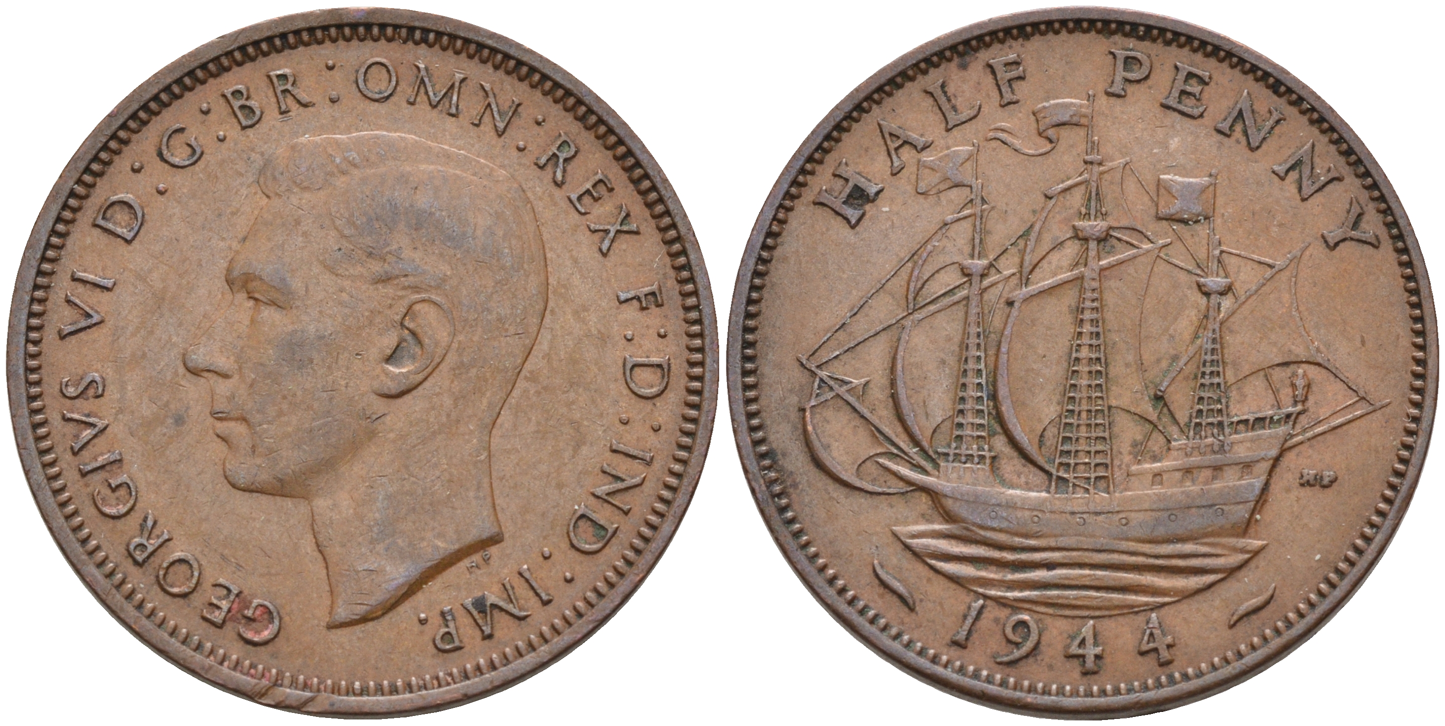 Великобритания 1/2 пенни 1944 Георг VI (1936-1952) KM 844, Spink 4115 бронза 4589-925