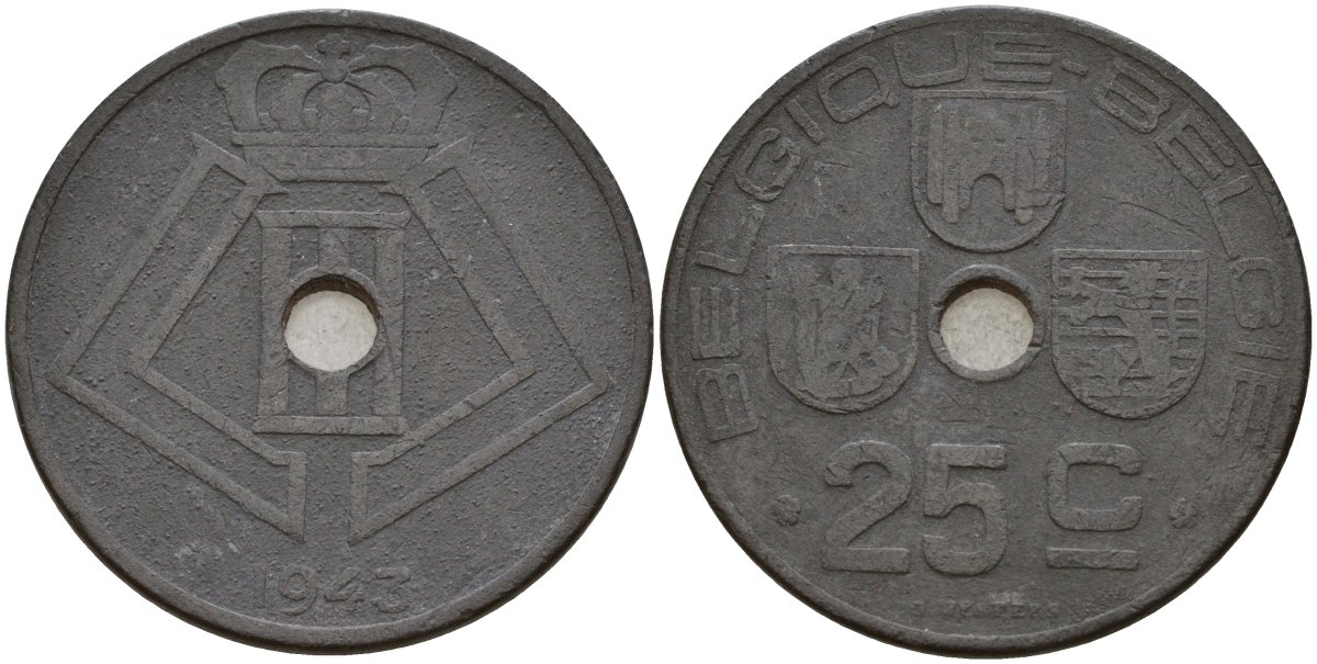 Бельгия 25 сантимов 1943 Belgique - Belgie, Леопольд III (1934-1947), германская оккупация, Вторая мировая война KM 131 цинк 4157-445