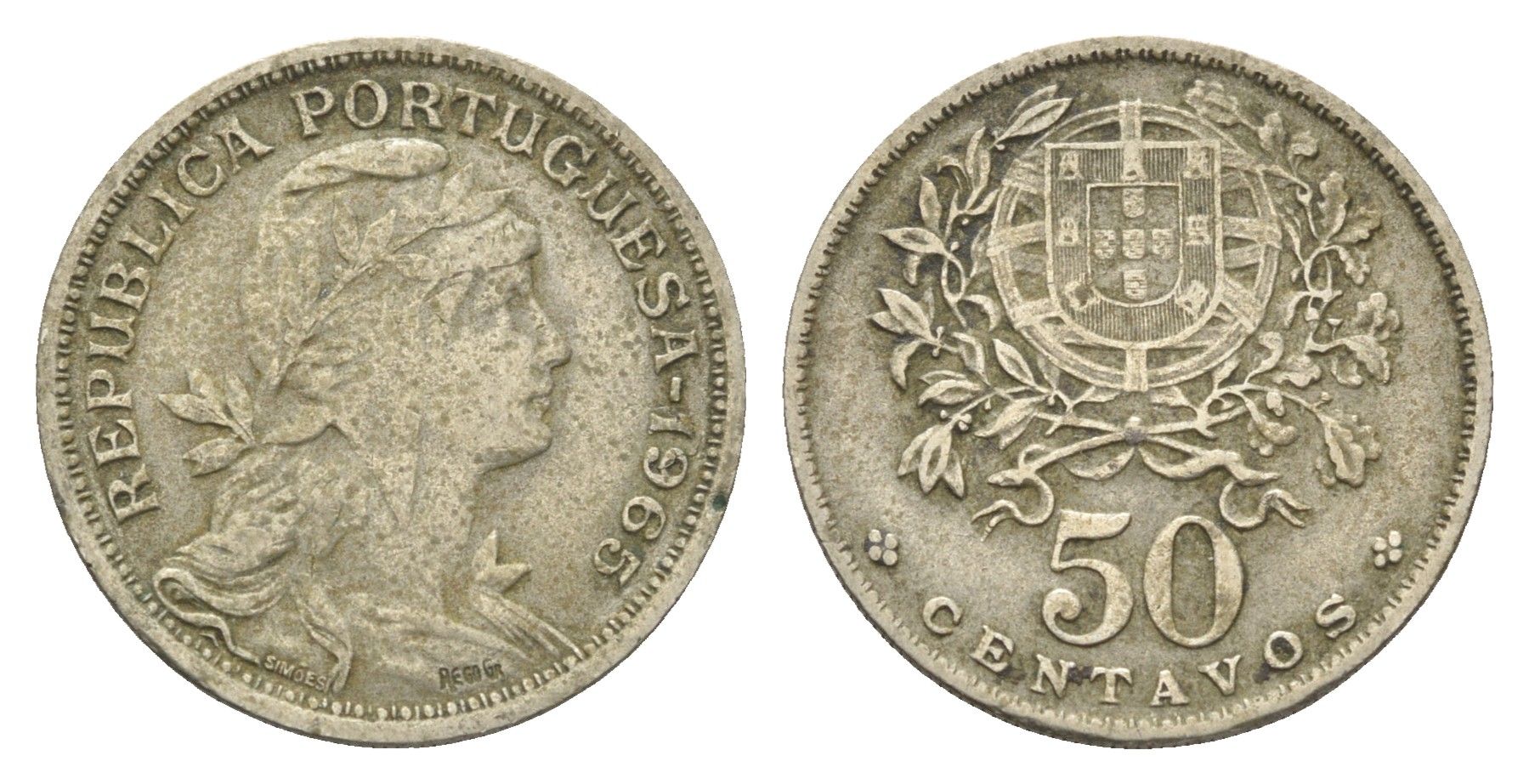 Португалия 50 сентаво 1965 голова Свободы вправо KM 577 никель латунь 4659-646