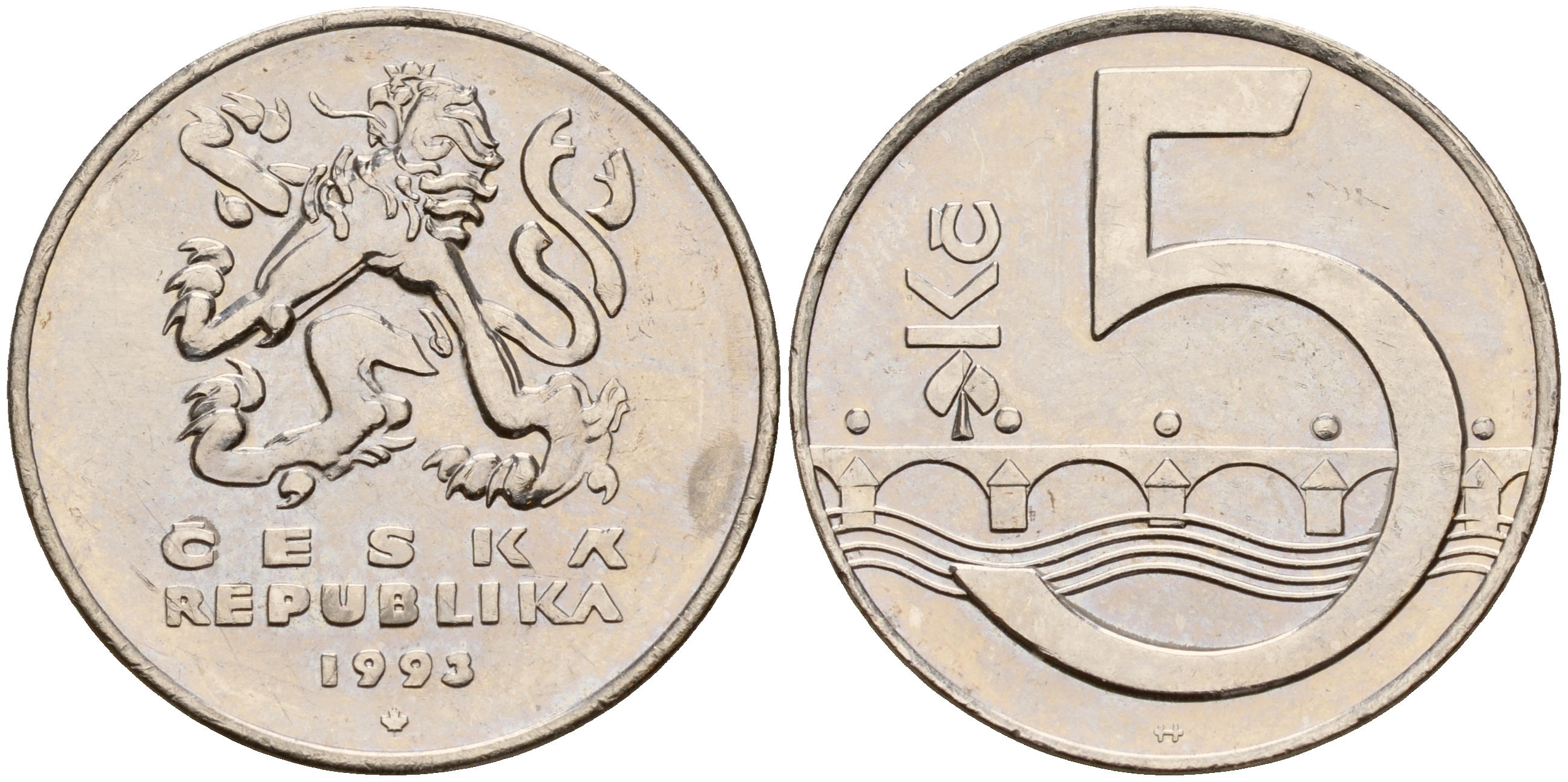 Чехия 5 крон 1993 чешский лев, Карлов мост KM 8 сталь плакированная никелем    4601-1156