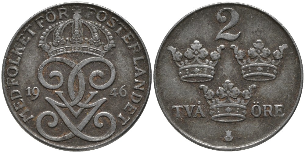 Швеция 2 эре 1946 Густав V (1907-1950) KM 811 железо 63-932