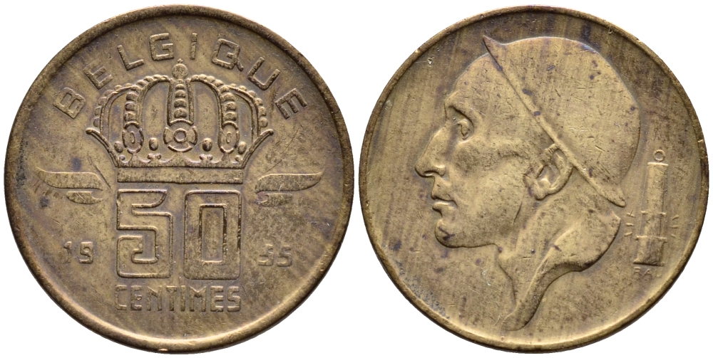 БЕЛЬГИЯ 50 САНТИМОВ 1955 BELGIQUE KM 144 бронза 4392-816