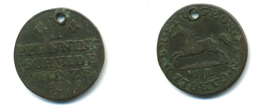 Брауншвейг-Вольфенбюттель 1 ПФЕННИГ 1819 FR, КАРЛ II ПРИ РЕГЕНТСТВЕ ГЕОРГА III КОРОЛЯ ВЕЛИКОБРИТАНИИ (1815-1820) С ДЫРКОЙ KM 1069 медь 54-957