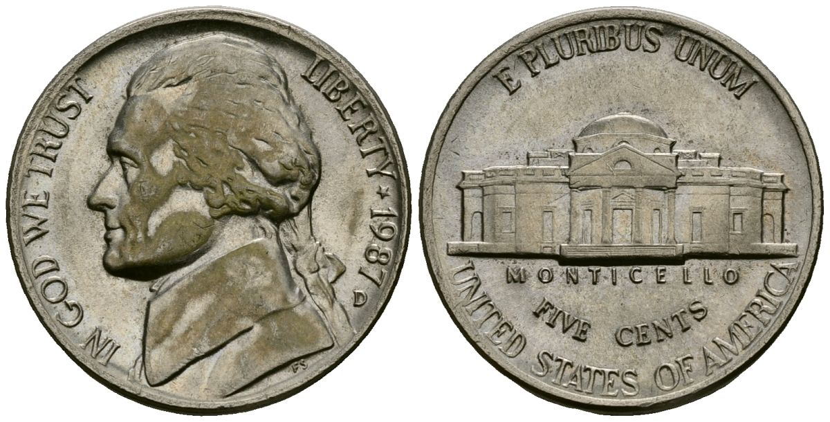 США 5 центов 1987 Джефферсон KM A192 медно-никель 4135-451