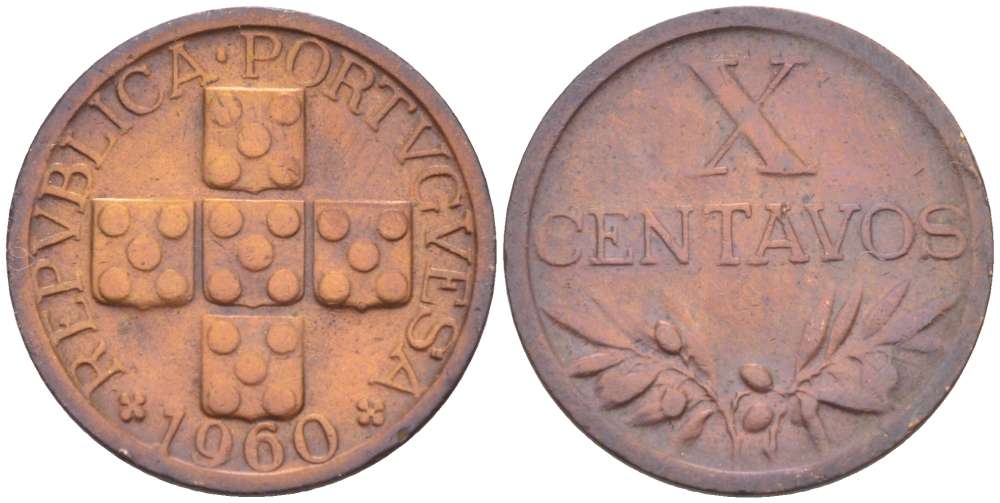 ПОРТУГАЛИЯ 10 СЕНТАВО 1960 KM 583 бронза 4516-811