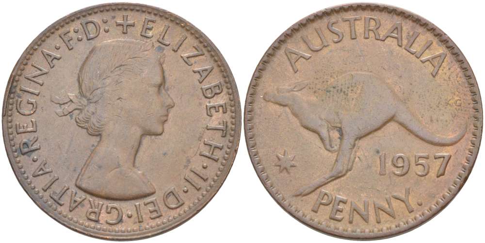АВСТРАЛИЯ 1 ПЕННИ 1957 р, ЕЛИЗАВЕТА II (1953-), КЕНГУРУ KM 56 бронза 32-531