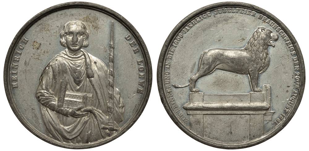 ГЕРМАНИЯ МЕДАЛЬ 1861 В ЧЕСТЬ 1000-ЛЕТИЯ ГОРОДА БРАУНШВЕЙГ, АВЕРС: ГЕРЦОГ ГЕНРИХ 'ЛЕВ' С МЕЧОМ, РЕВЕРС: ПАМЯТНИК ЛЬВУ, ДИАМЕТР 46 ММ. цинк 1091-1-41