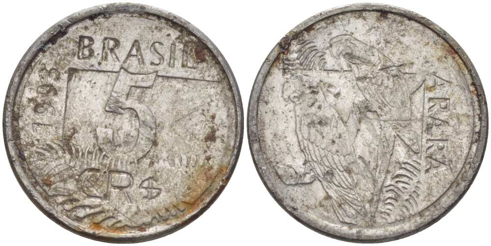 БРАЗИЛИЯ 5 КРУЗЕЙРО РЕАЛ 1993 РЕФОРМА 1993-1994, ПОПУГАИ АРА KM 627 нержавеющая сталь 4388-246