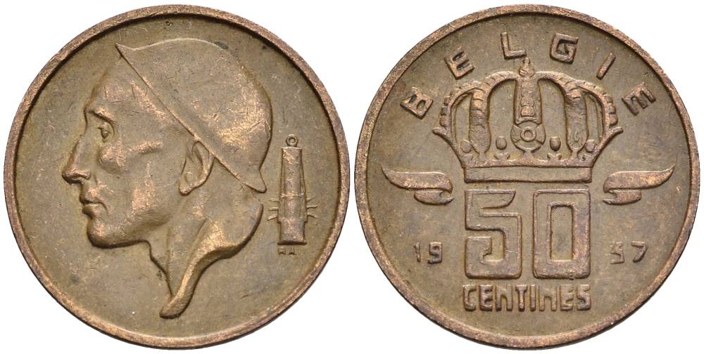 Бельгия 50 сантимов 1957 Belgie, Бодуэн I (1951-1993) KM 149.1 бронза 4528-965