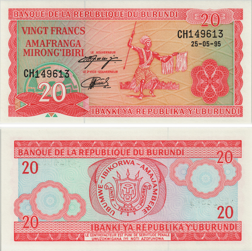 БУРУНДИ 20 ФРАНКОВ 1995 Pick 27с бумага UNC (ПРЕСС) 8605-32-2-2