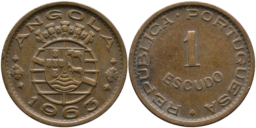 Португальская Ангола 1 эскудо 1963 KM 76 бронза 33-915