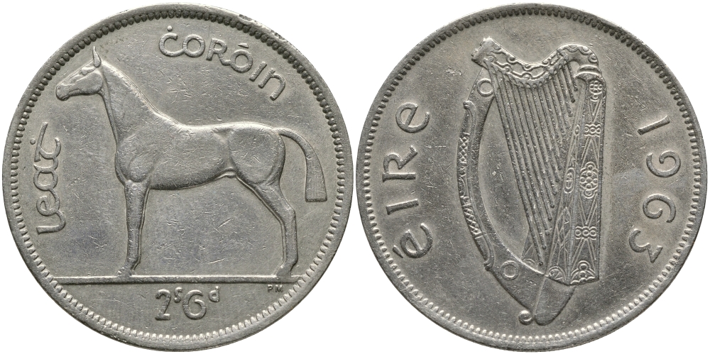 ИРЛАНДИЯ 1/2 КРОНЫ - 2 ШИЛЛИНГА 6 ПЕНСОВ 1963 ЛОШАДЬ KM 16а медно-никель 3457-311