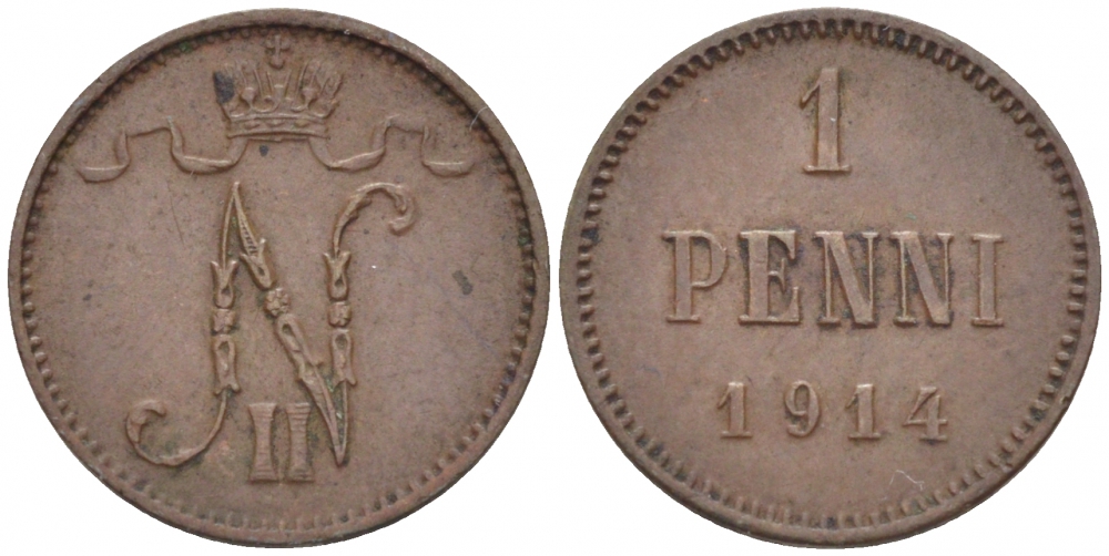 Россия для Финляндии 1 пенни 1914 Николай II (1894-1917) KM 13, Биткин 474 медь 4396-1421